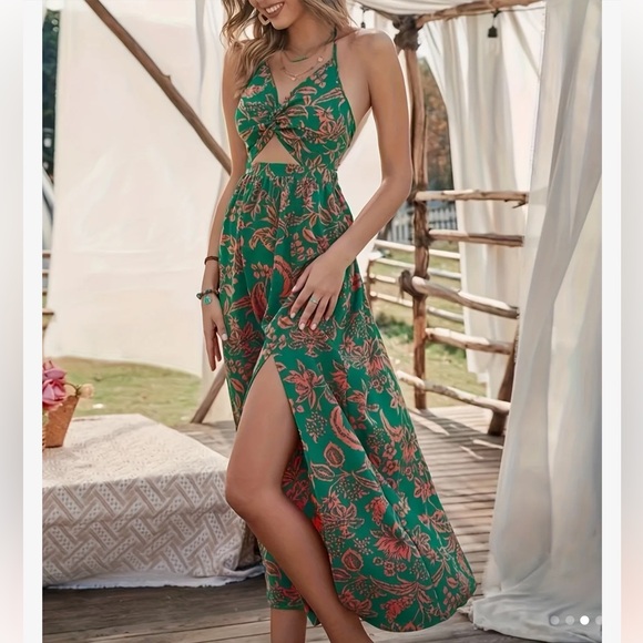 Dresses & Skirts - Floral Halter Maxi Dress - Green and Orange
